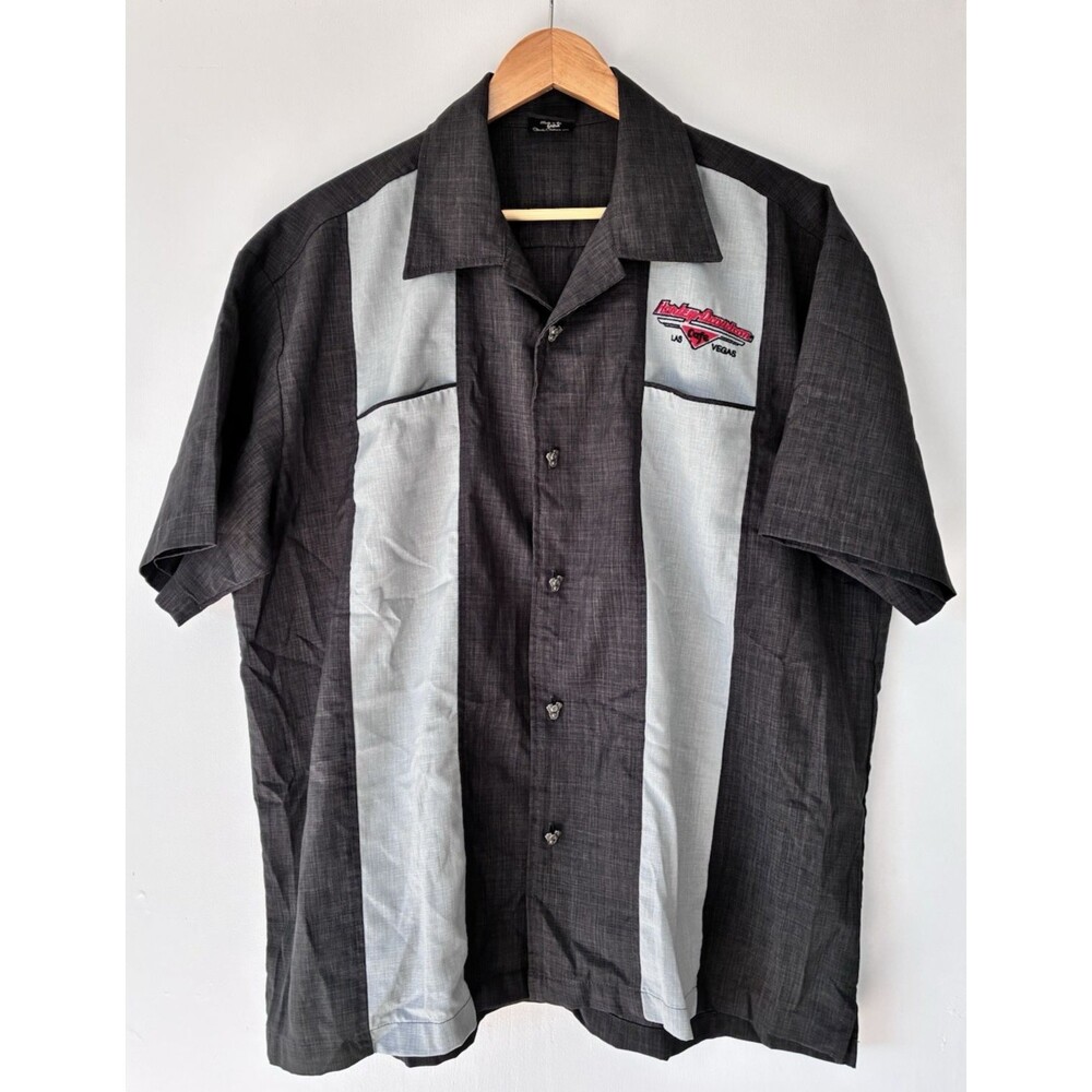 Harley Davidson Cafe Las Vegas Mens Large Shirt Button Up Gray Black Bowling